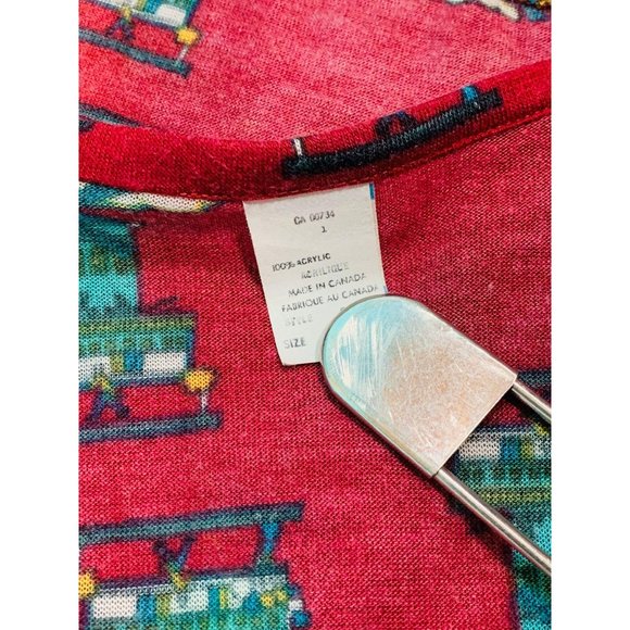 Vintage 70s Novelty Top Womens Small Printed Windmill Maroon Keyhole Blouse - Picture 7 of 10